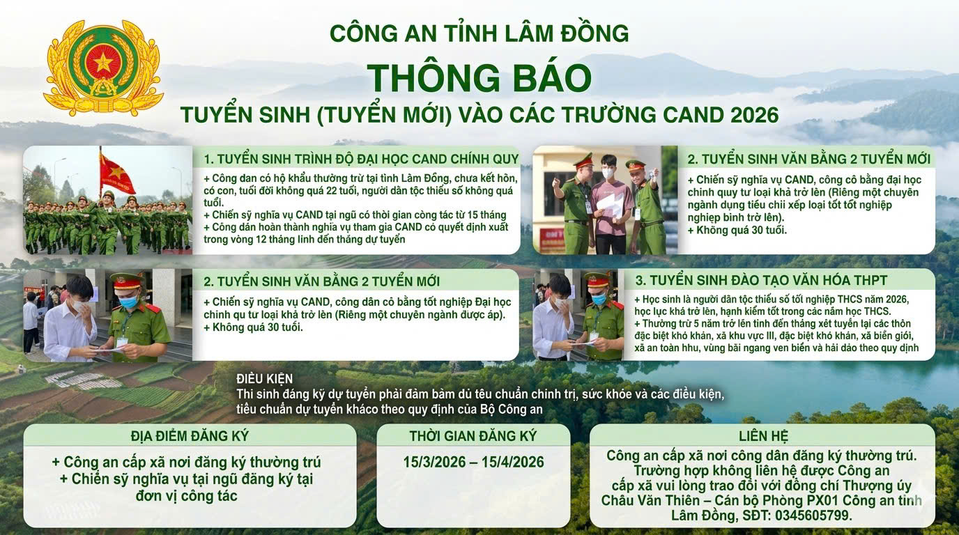 THÔNG BÁO TUYỂN SINH MỚI VÀO CÁC TRƯỜNG CAND NĂM 2026